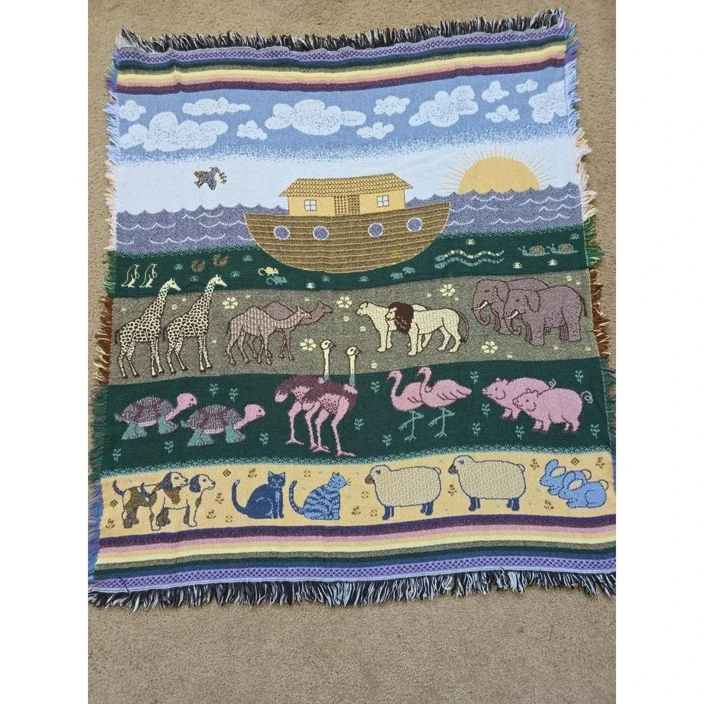 Vtg Noah's Ark Friends Tapestry Woven Throw Blanket American Weavers Fringed 50